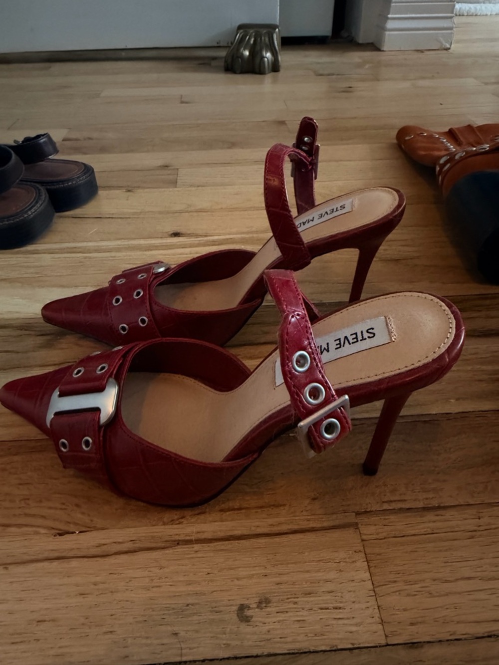 Steve Madden Red Pointed Toe Slingback Heels with Buckle